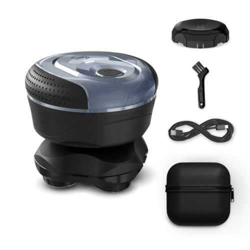 Een robotachtig apparaat met verschillende accessoires, inclusief oplaadstation, borstel, stroomkabel en draagtas.