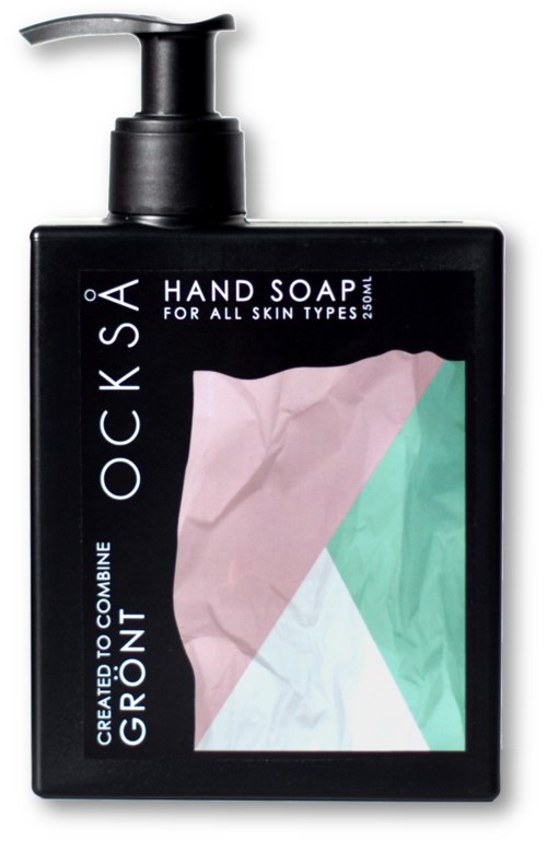 En svart rektangulär flaska med pump, märkt 'OACKSA hand soap for all skin types', med en färgglad abstrakt design.