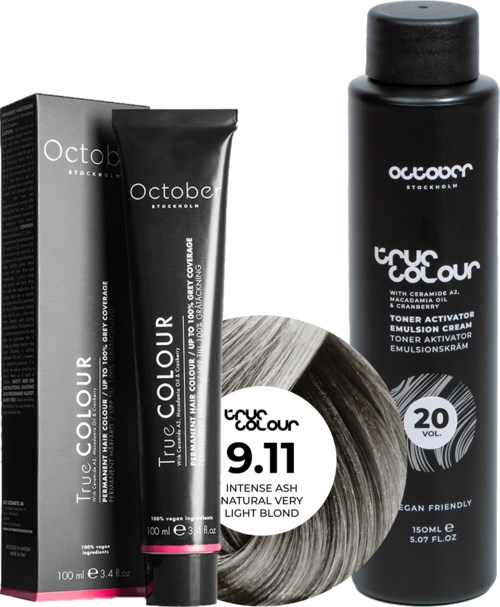 October Stockholm True Colour 20 Vol Colour Activator 150 ml & Colour 100 ml 9.11 Intense Ash Natural Very Light Blond