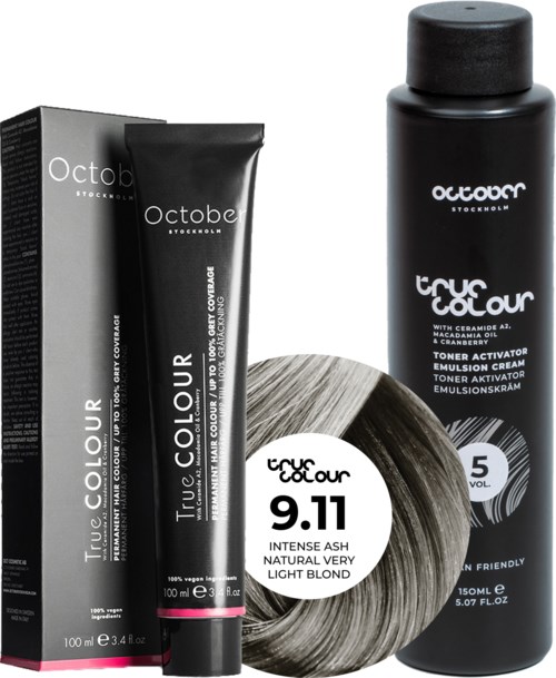 October Stockholm True Colour 5 Vol Colour Activator 150 ml & Colour 100 ml 9.11 Intense Ash Natural Very Light Blond