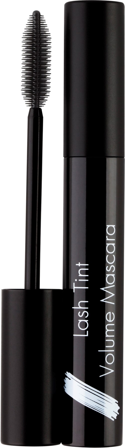 Ett svart mascara-rör med borste, märkt 'Lash Tint Volume Mascara'.