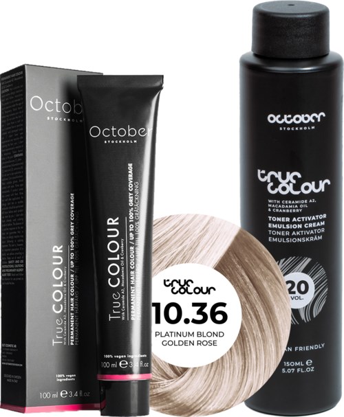 October Stockholm True Colour 20 Vol Colour Activator 150 ml & Colour 100 ml 10.36 Platinum Blond Gold Rose