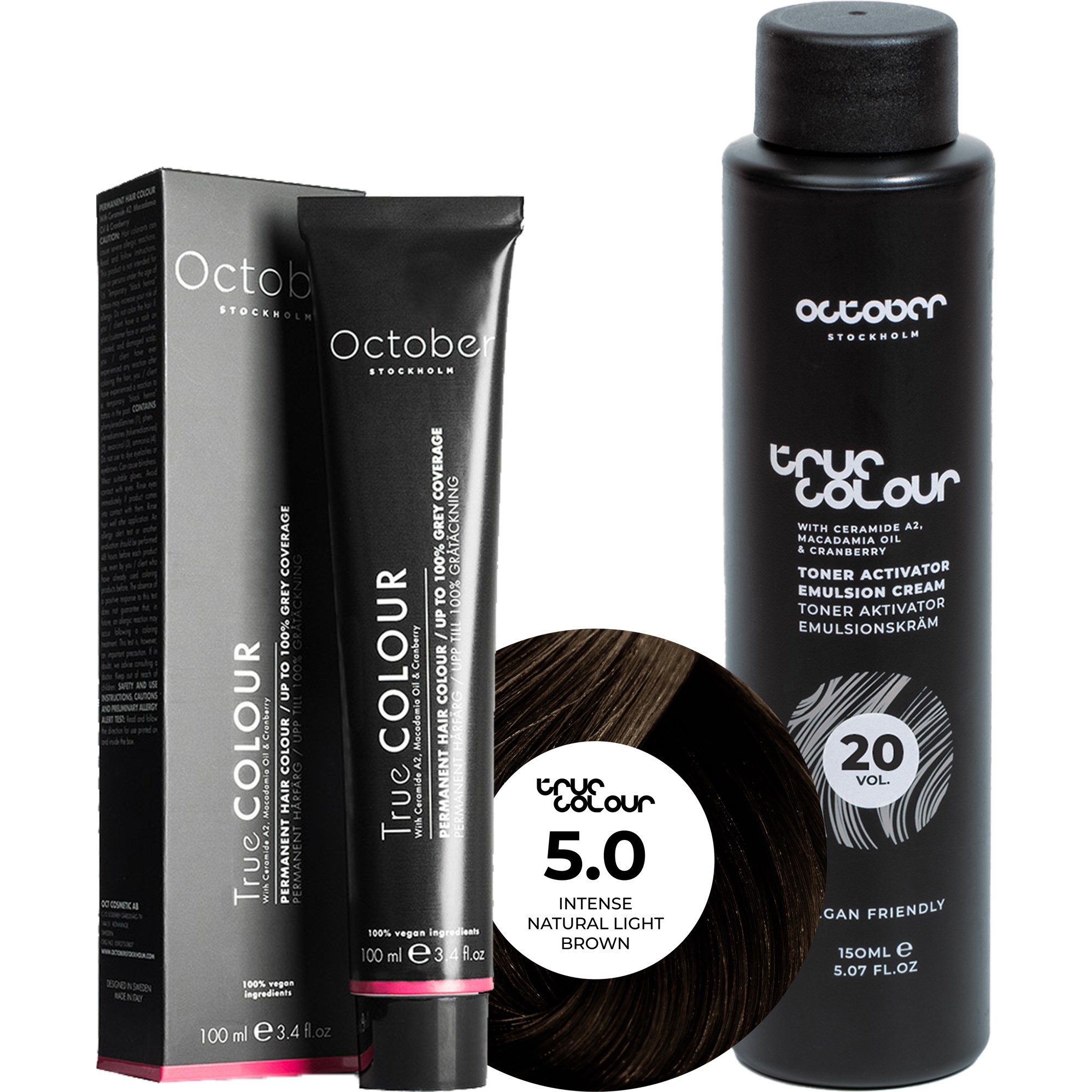 October Stockholm True Colour 20 Vol Colour Activator 150 ml & Colour 100 ml 5.0 Intense Natural Light Brown