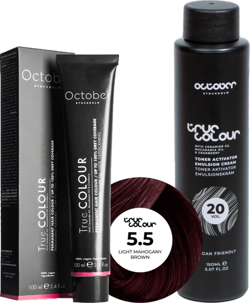 October Stockholm True Colour 20 Vol Colour Activator 150 ml & Colour 100 ml 5.5 Light Mahogny Brown