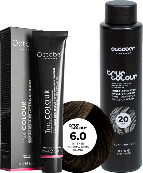 October Stockholm True Colour 20 Vol Colour Activator 150 ml & Colour 100 ml 6.0 Intense Natural Dark Blond