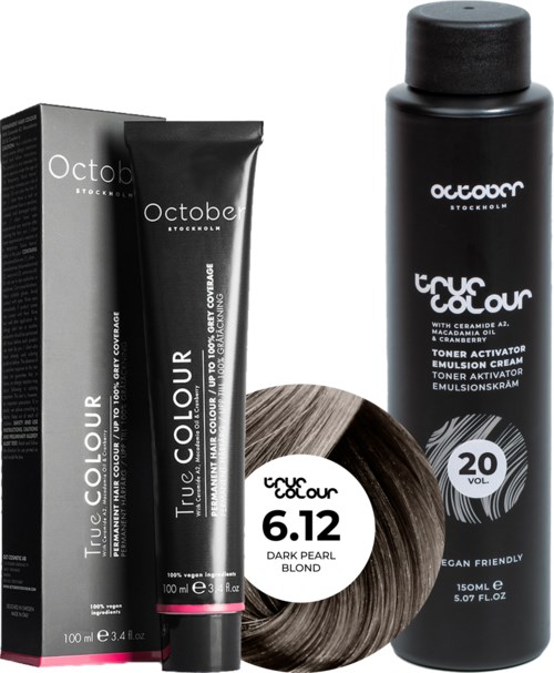 October Stockholm True Colour 20 Vol Colour Activator 150 ml & Colour 100 ml 6.12 Dark Pearl Blond