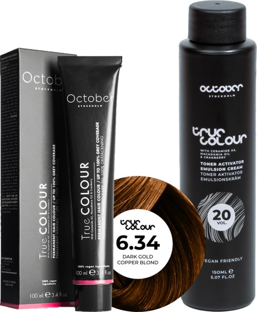 October Stockholm True Colour 20 Vol Colour Activator 150 ml & Colour 100 ml 6.34 Dark Golden Copper Blond
