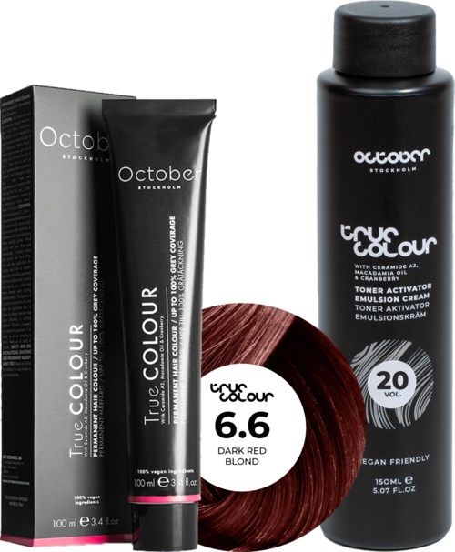 October Stockholm True Colour 20 Vol Colour Activator 150 ml & Colour 100 ml 6.6 Dark Red Blond