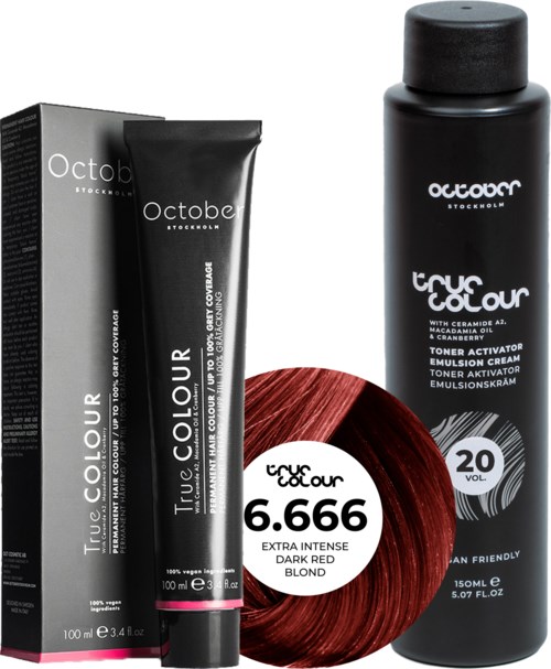 October Stockholm True Colour 20 Vol Colour Activator 150 ml & Colour 100 ml 6.666 Extra Intense Dark Red Blond