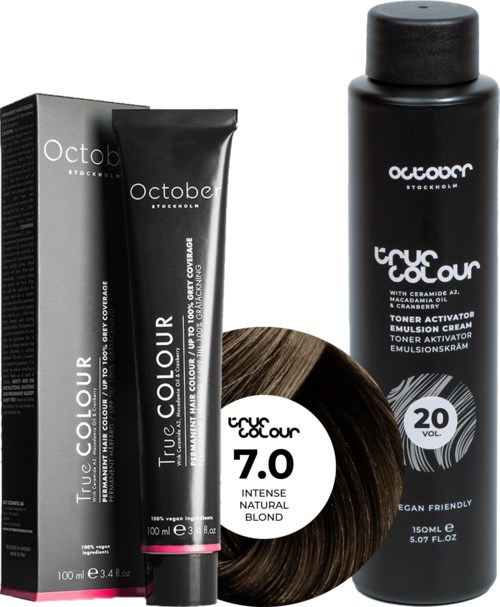 October Stockholm True Colour 20 Vol Colour Activator 150 ml & Colour 100 ml 7.0 Intense Natural Blond