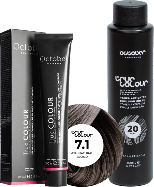 October Stockholm True Colour 20 Vol Colour Activator 150 ml & Colour 100 ml 7.1 Ash Natural Blond
