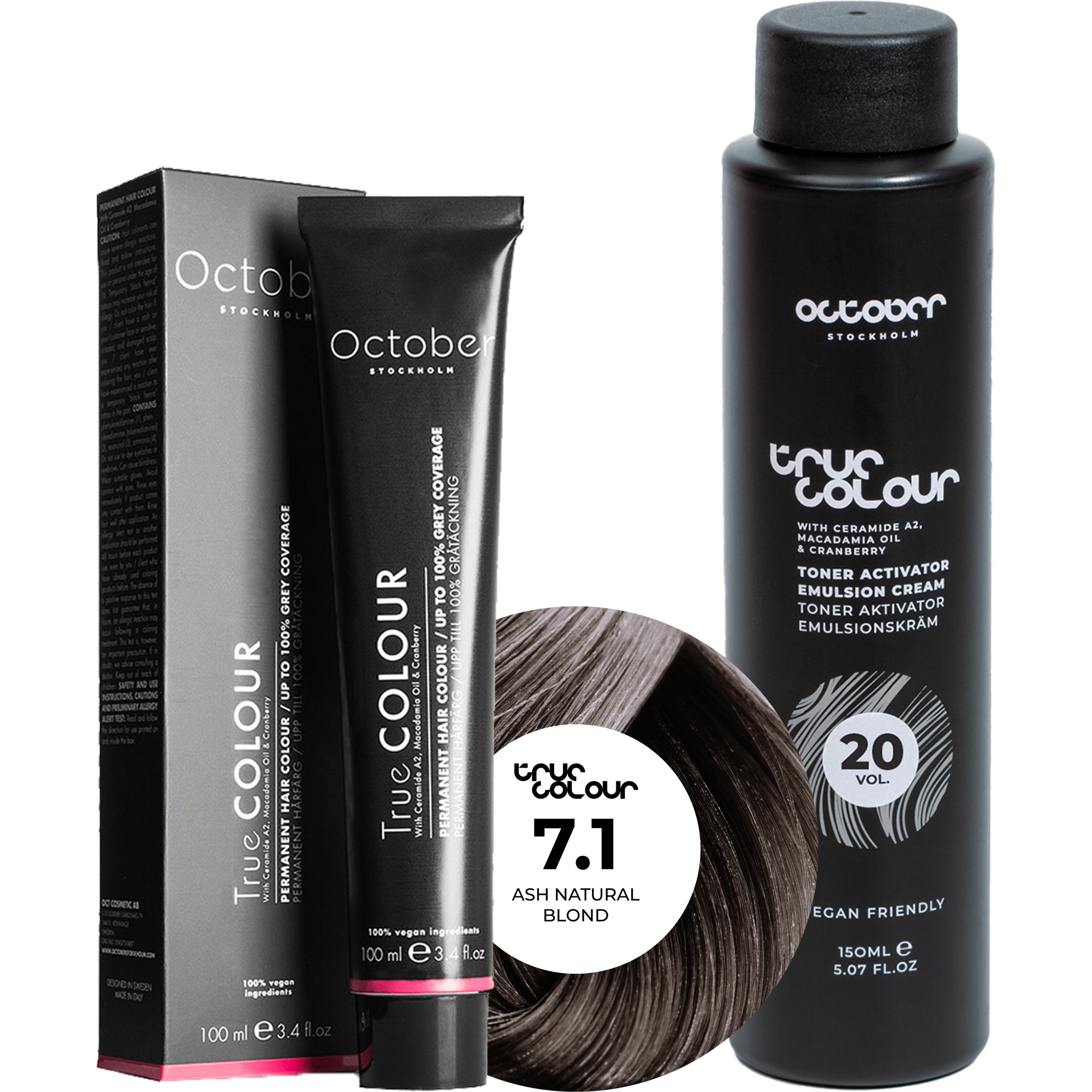 October Stockholm True Colour 20 Vol Colour Activator 150 ml & Colour 100 ml 7.1 Ash Natural Blond