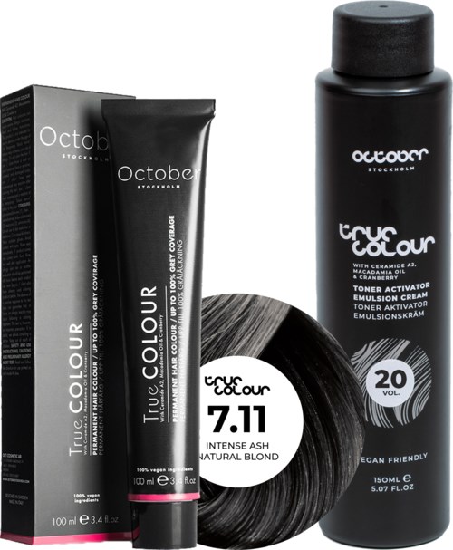 October Stockholm True Colour 20 Vol Colour Activator 150 ml & Colour 100 ml 7.11 Intense Ash Natural Blond