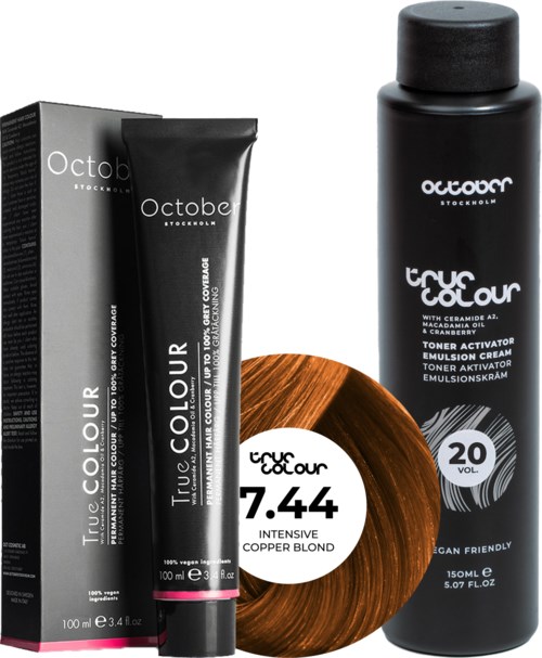 October Stockholm True Colour 20 Vol Colour Activator 150 ml & Colour 100 ml 7.44 Intensive Copper Blond