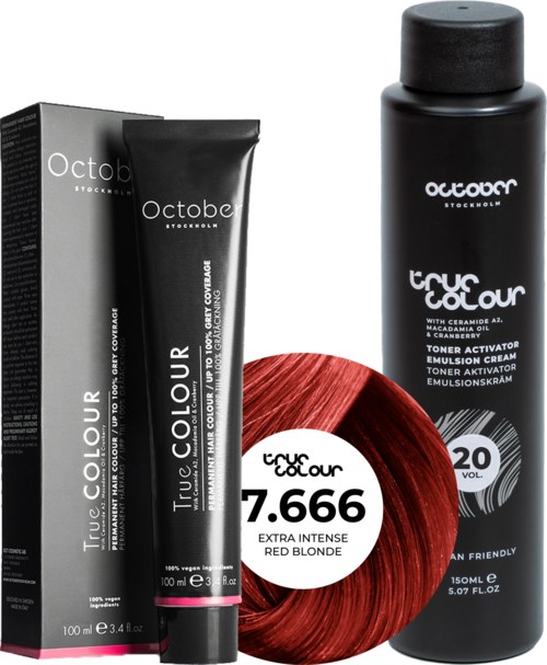 October Stockholm True Colour 20 Vol Colour Activator 150 ml & Colour 100 ml 7.666 Extra Intense Red Blond