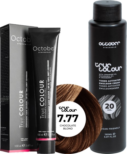 October Stockholm True Colour 20 Vol Colour Activator 150 ml & Colour 100 ml 7.77 Chocolate Blond