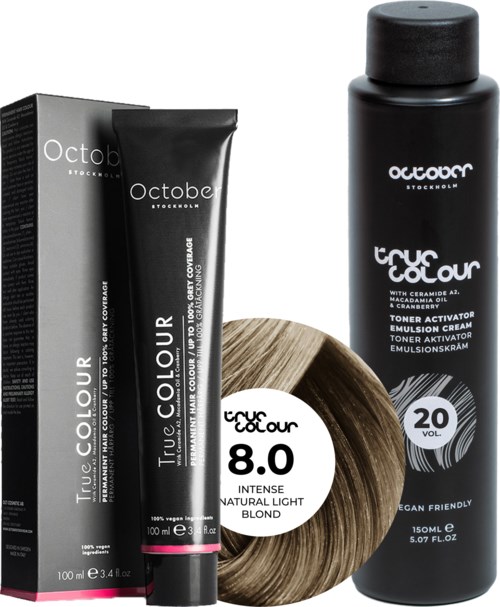 October Stockholm True Colour 20 Vol Colour Activator 150 ml & Colour 100 ml 8.0 Intense Natural Light Blond