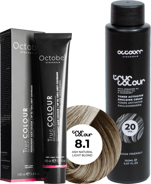 October Stockholm True Colour 20 Vol Colour Activator 150 ml & Colour 100 ml 8.1 Ash Natural Light Blond