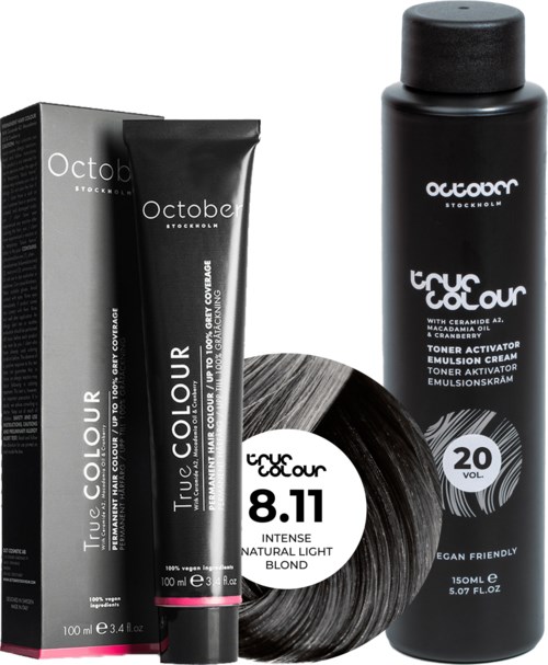 October Stockholm True Colour 20 Vol Colour Activator 150 ml & Colour 100 ml 8.11 Intense Ash Natural Light Blond