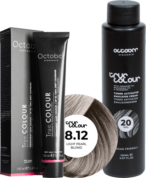 October Stockholm True Colour 20 Vol Colour Activator 150 ml & Colour 100 ml 8.12 Light Pearl Blond