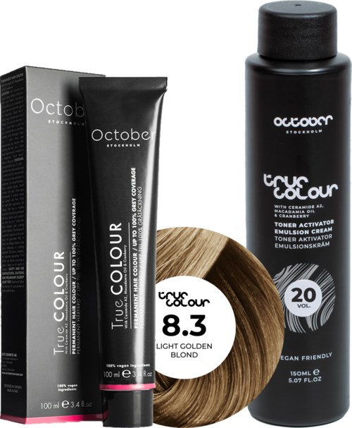 October Stockholm True Colour 20 Vol Colour Activator 150 ml & Colour 100 ml 8.3 Light Golden Blond