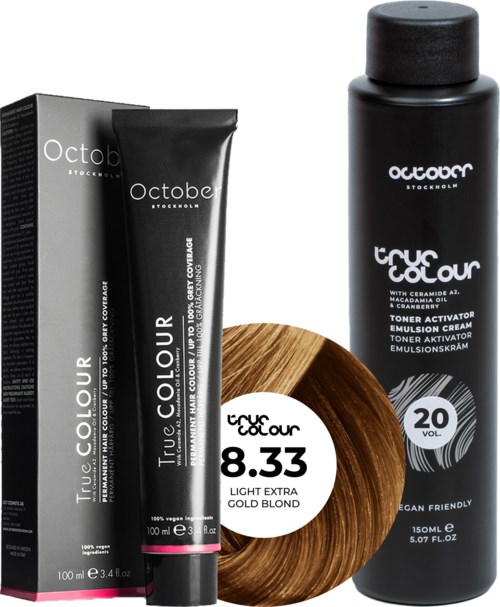 October Stockholm True Colour 20 Vol Colour Activator 150 ml & Colour 100 ml 8.33 Light Extra Gold Blond