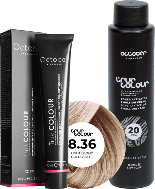 October Stockholm True Colour 20 Vol Colour Activator 150 ml & Colour 100 ml 8.36 Light Blond Gold Violet