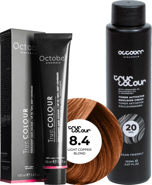 October Stockholm True Colour 20 Vol Colour Activator 150 ml & Colour 100 ml 8.4 Light Copper Blond