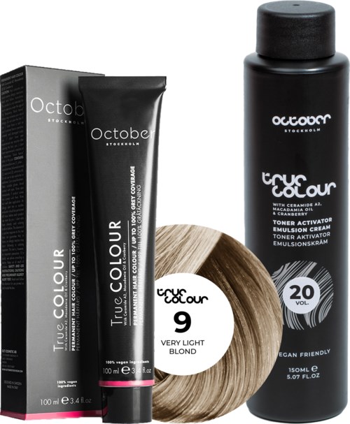 October Stockholm True Colour 20 Vol Colour Activator 150 ml & Colour 100 ml 9 Very Light Blond