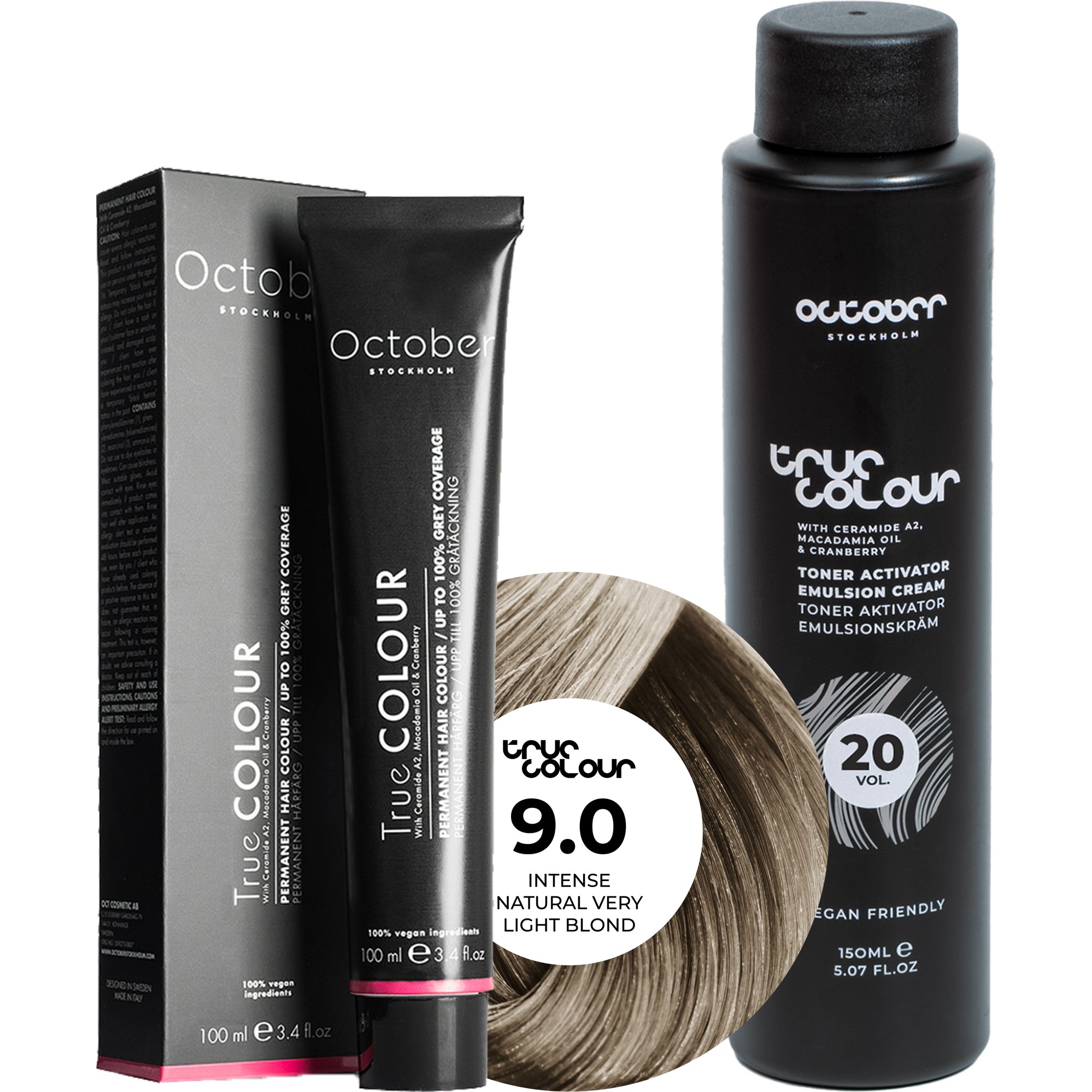 October Stockholm True Colour 20 Vol Colour Activator 150 ml & Colour 100 ml 9.0 Intense Natural Very Light Blond