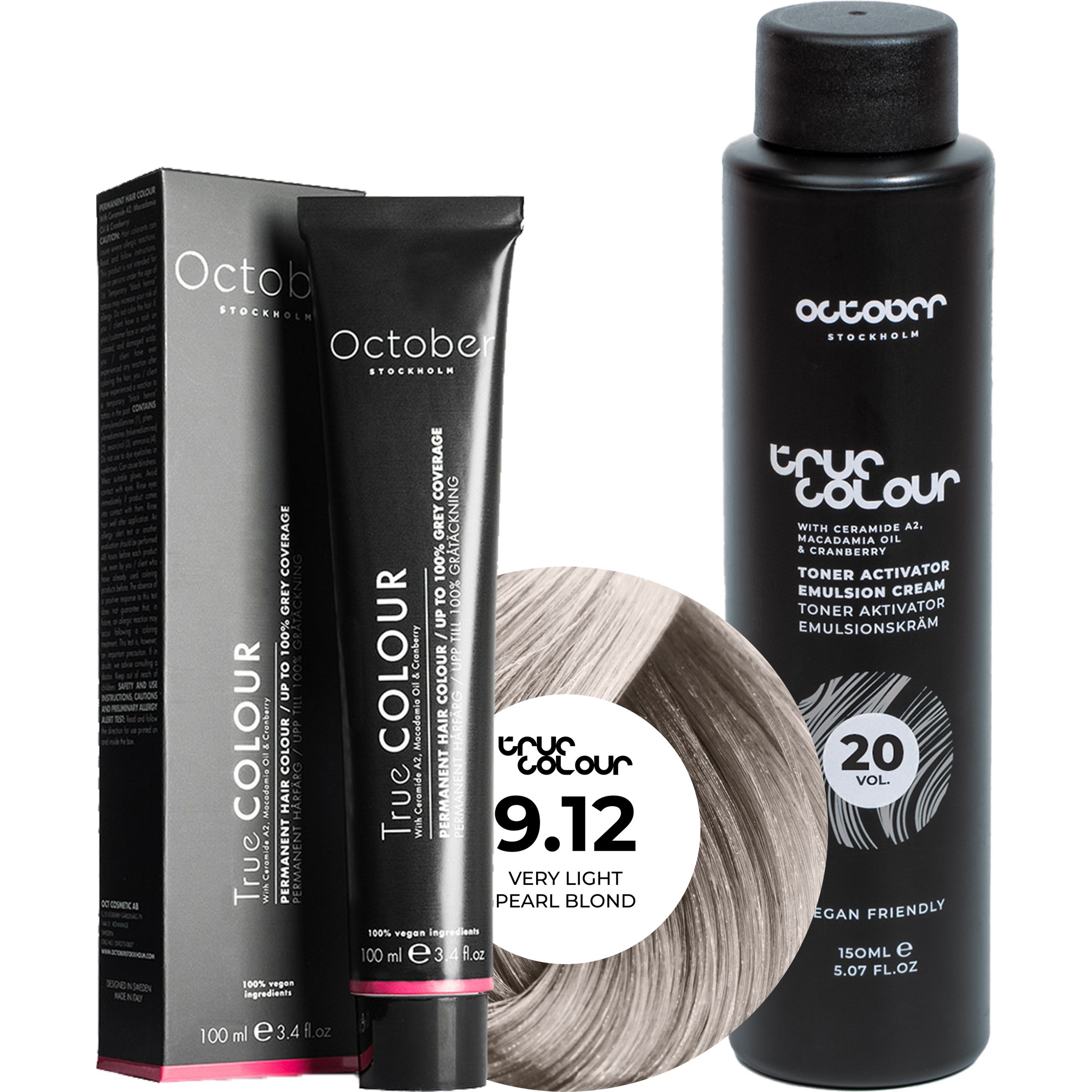 October Stockholm True Colour 20 Vol Colour Activator 150 ml & Colour 100 ml 9.12 Very Light Pearl Blond