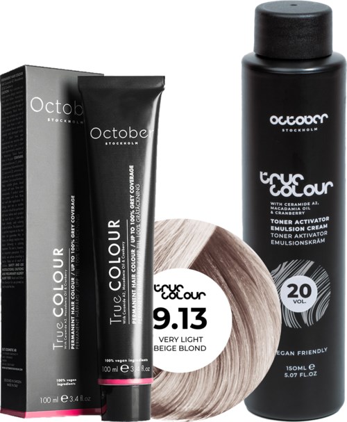 October Stockholm True Colour 20 Vol Colour Activator 150 ml & Colour 100 ml 9.13 Very Light Beige Blond