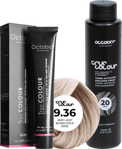 October Stockholm True Colour 20 Vol Colour Activator 150 ml & Colour 100 ml 9.36 Very Light Blond Gold Rose