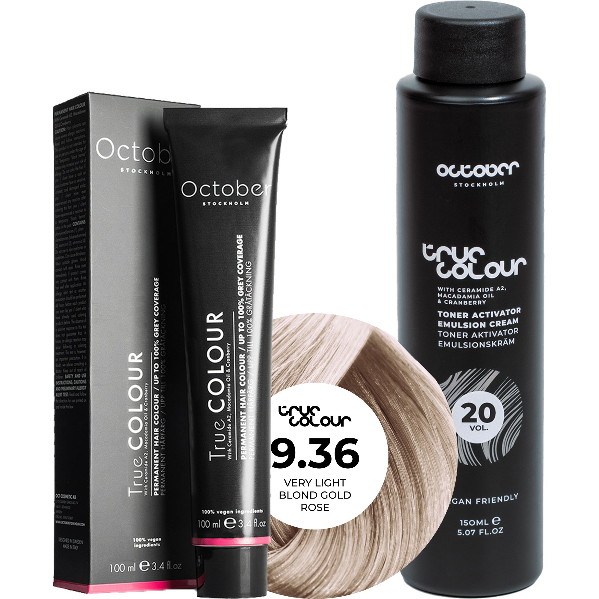 October Stockholm True Colour 20 Vol Colour Activator 150 ml & Colour 100 ml 9.36 Very Light Blond Gold Rose
