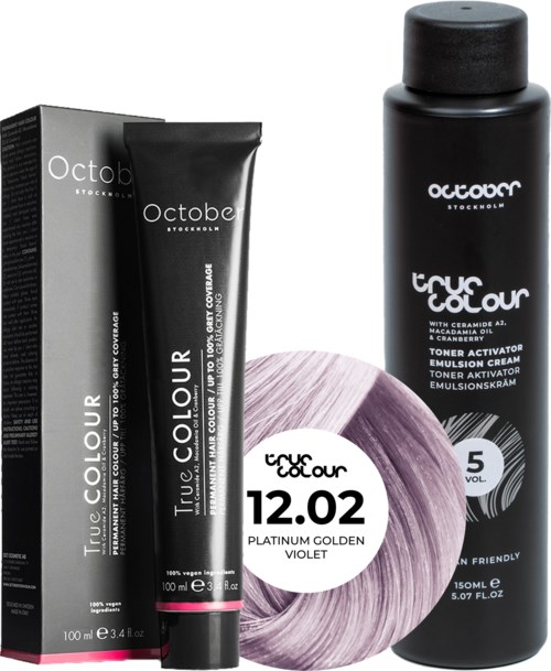 October Stockholm True Colour 5 Vol Colour Activator 150 ml & Colour 100 ml 12.02 Platinum Golden Violet