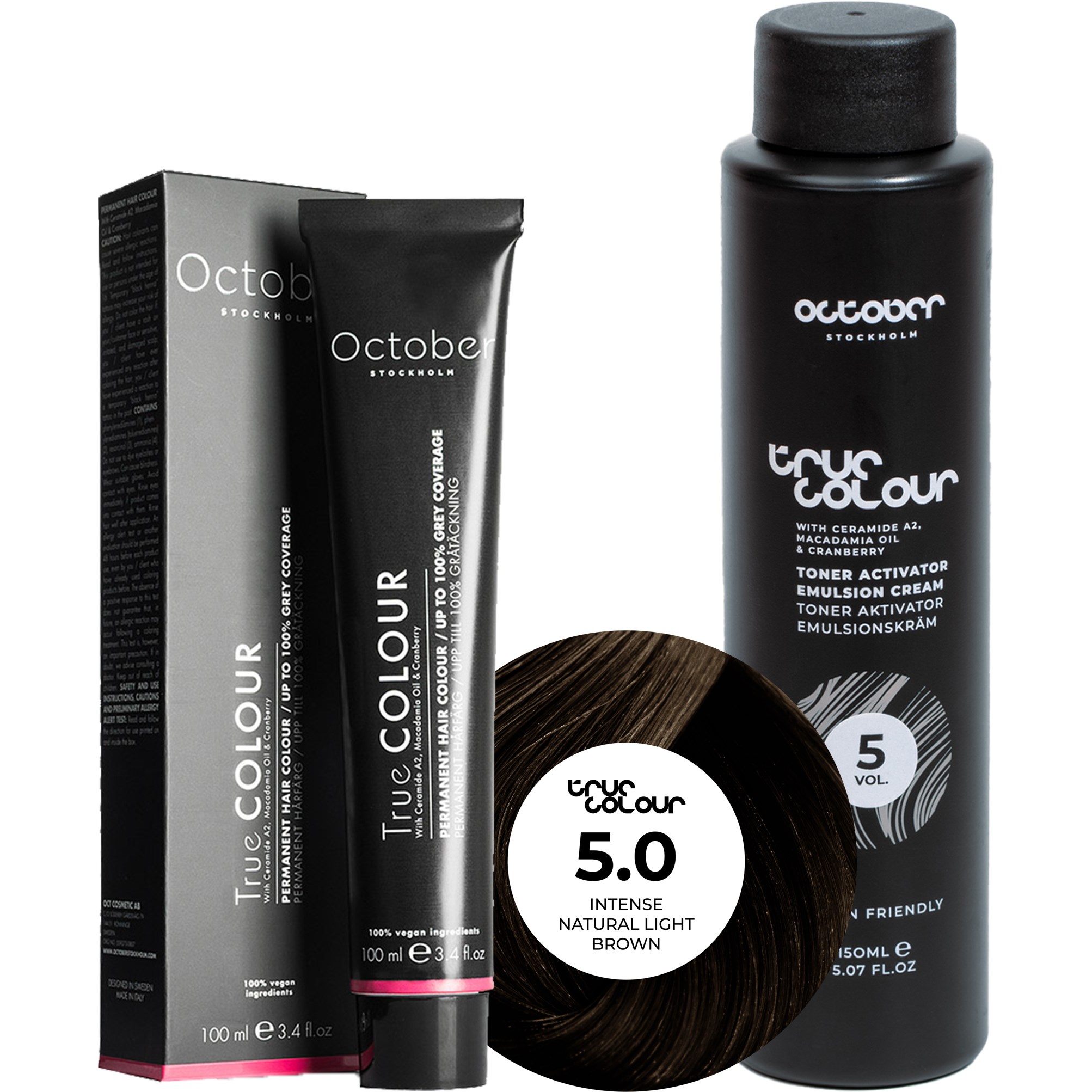 October Stockholm True Colour 5 Vol Colour Activator 150 ml & Colour 100 ml 5.0 Intense Natural Light Brown