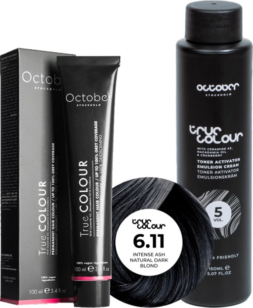 October Stockholm True Colour 5 Vol Colour Activator 150 ml & Colour 100 ml 6.11 Intense Ash Natural Dark Blond