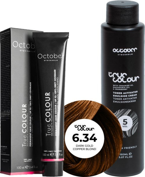 October Stockholm True Colour 5 Vol Colour Activator 150 ml & Colour 100 ml 6.34 Dark Golden Copper Blond