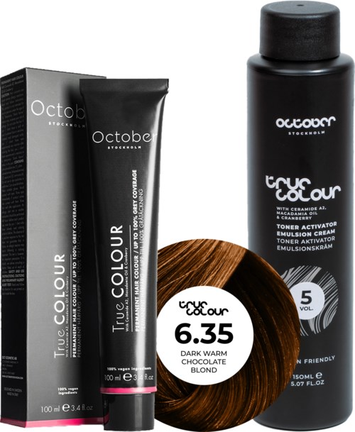 October Stockholm True Colour 5 Vol Colour Activator 150 ml & Colour 100 ml 6.35 Dark Warm Chocolate Blond