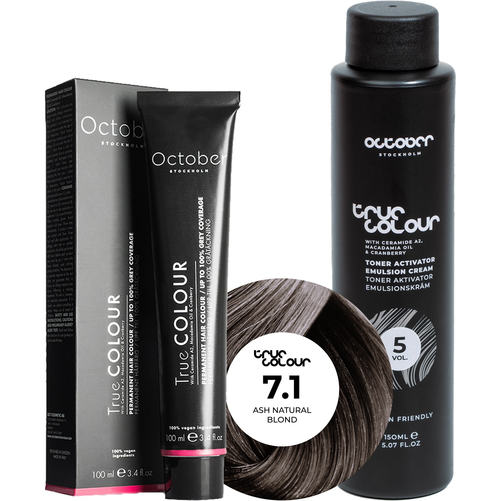 October Stockholm True Colour 5 Vol Colour Activator 150 ml & Colour 100 ml 7.1 Ash Natural Blond