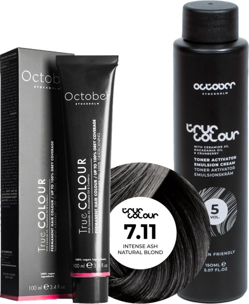 October Stockholm True Colour 5 Vol Colour Activator 150 ml & Colour 100 ml 7.11 Intense Ash Natural Blond