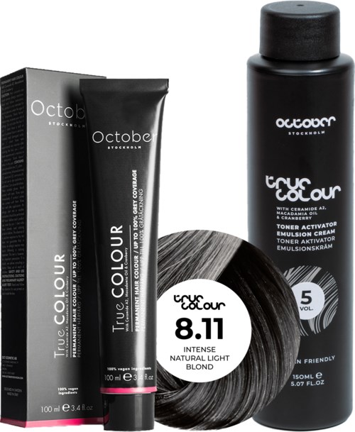 October Stockholm True Colour 5 Vol Colour Activator 150 ml & Colour 100 ml 8.11 Intense Ash Natural Light Blond