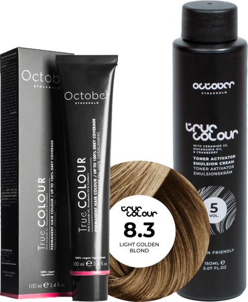 October Stockholm True Colour 5 Vol Colour Activator 150 ml & Colour 100 ml 8.3 Light Golden Blond