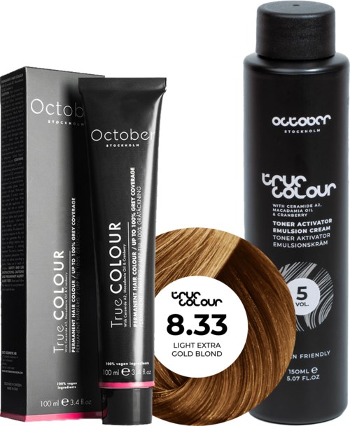 October Stockholm True Colour 5 Vol Colour Activator 150 ml & Colour 100 ml 8.33 Light Extra Gold Blond