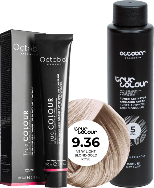 October Stockholm True Colour 5 Vol Colour Activator 150 ml & Colour 100 ml 9.36 Very Light Blond Gold Rose