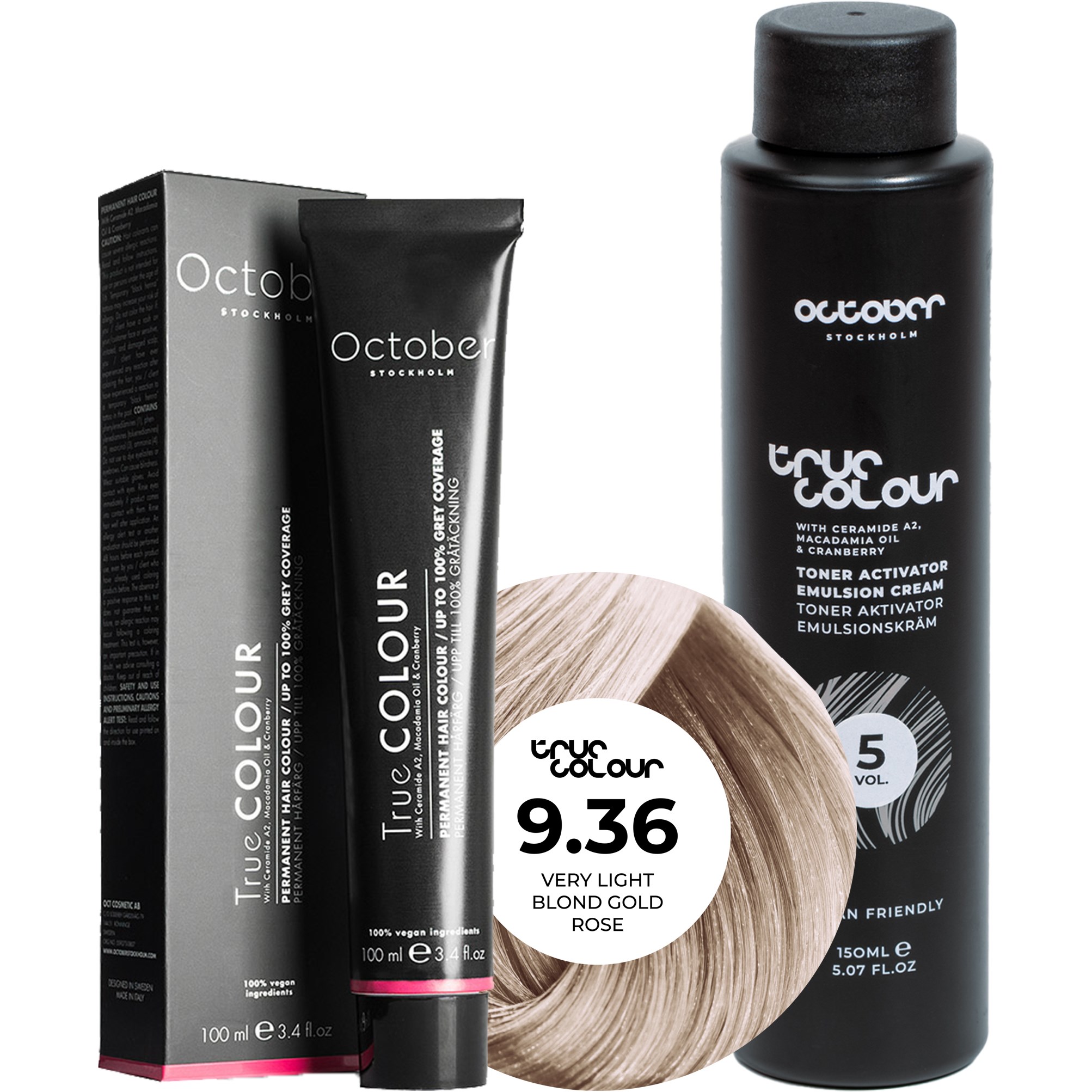 October Stockholm True Colour 5 Vol Colour Activator 150 ml & Colour 100 ml 9.36 Very Light Blond Gold Rose