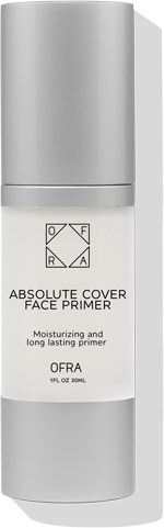 En silverflaska märkt 'Absolute Cover Face Primer' med vit lock. Den nämner återfuktning och långvarig effekt.