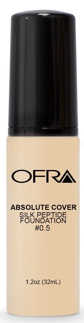 En beige flytande foundationflaska med svart lock, märkt 'OFRA Absolute Cover Silk Peptide Foundation #0.5.'