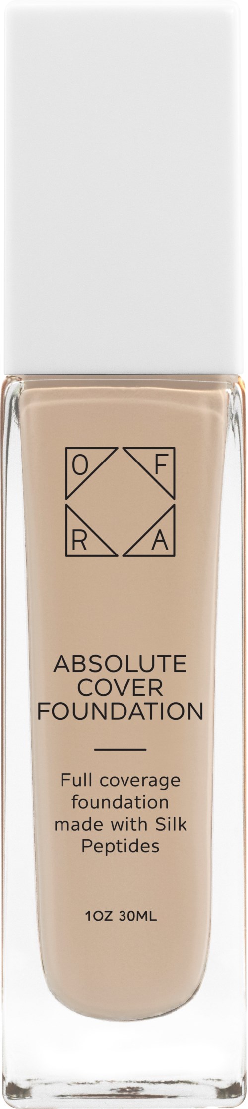 En flaska foundation med vit lock, märkt "Absolute Cover Foundation" gjort med Silk Peptides, 30 ml.