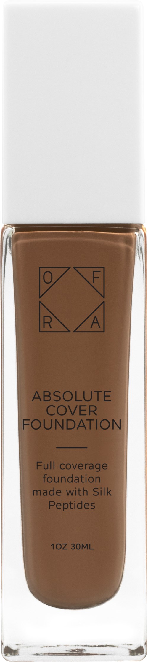 En flaska foundationsmink med vit lock, märkt som "Absolute Cover Foundation" med silkepeptider, 30 ml.